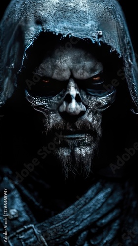Dark, mysterious figure with a skull face and glowing eyes, set against a shadowy background