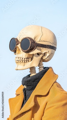 A vintage skeleton model wearing goggles and a coat, set against a clear blue sky backdrop