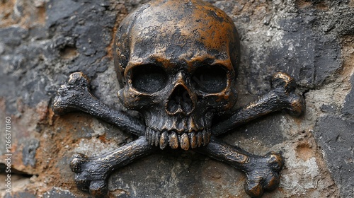 A detailed close-up of a skull and crossbones sculpture mounted on a weathered stone wall