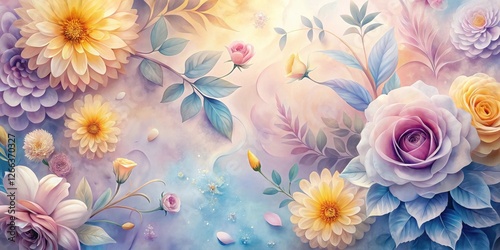 Whimsical Pastel Floral Arrangement Featuring Roses, Dahlias, and Delicate Foliage on a Dreamy Background