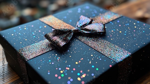 A beautifully wrapped gift box adorned with a shimmering bow and glitter, resting on a wooden surface