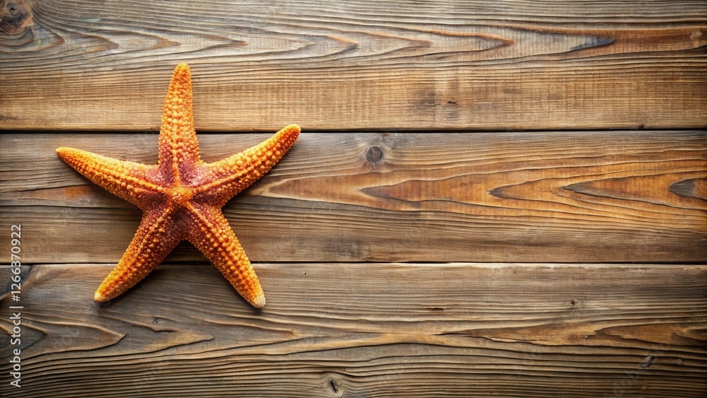 Rustic Wooden Planks with an Orange Starfish Seashell on a Weathered Surface Rustic Wooden Planks with an Orange Starfish Seashell on a Weathered Surface