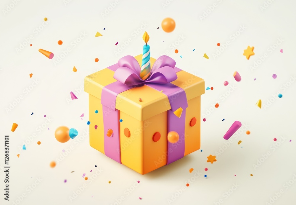 A yellow gift box with a purple ribbon, a lit candle, and colorful confetti. A yellow gift box with a purple ribbon, a lit candle, and colorful confetti.