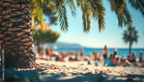 Sunny beach scene with palm tree trunk in foreground, blurred crowd of people relaxing on sand.
