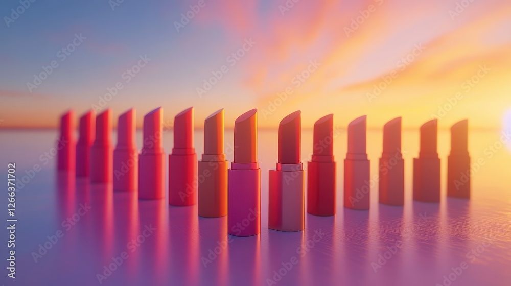 Many lipsticks in a row at sunset. Perfect for beauty, cosmetics, or fashion promotions. Many lipsticks in a row at sunset. Perfect for beauty, cosmetics, or fashion promotions.