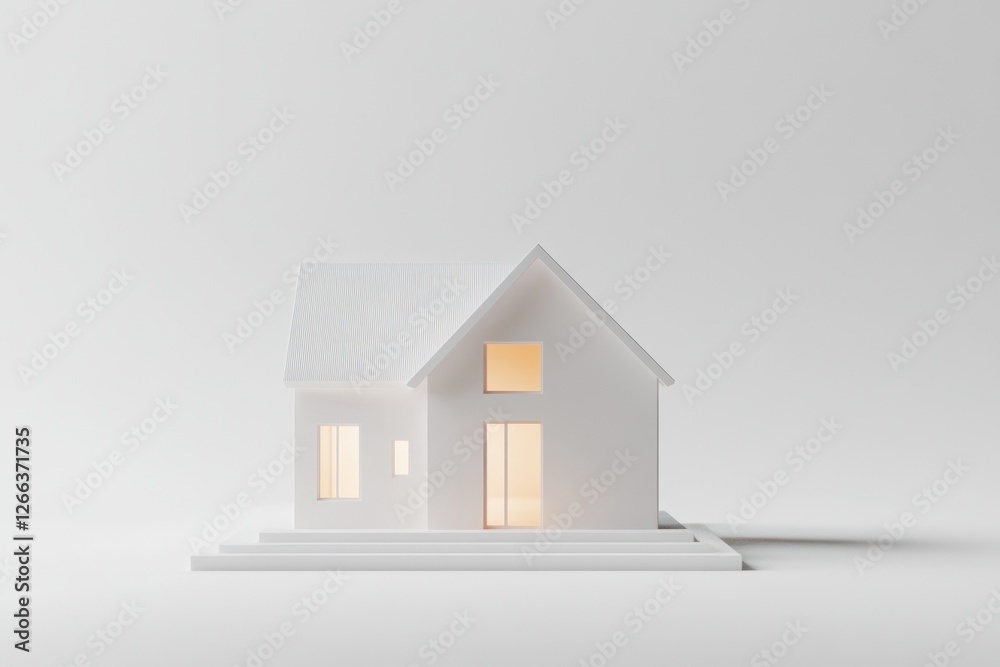 Minimalist white house model with illuminated windows on white background. Minimalist white house model with illuminated windows on white background.