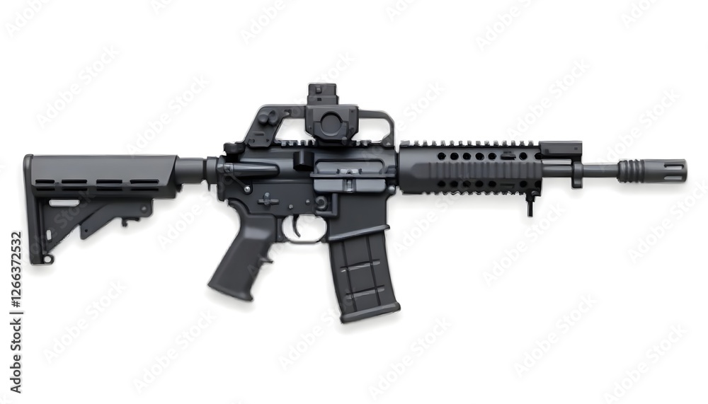 Black AR 15 Style Rifle with Red Dot Sight and Rail System Military Weapon Stock Photo