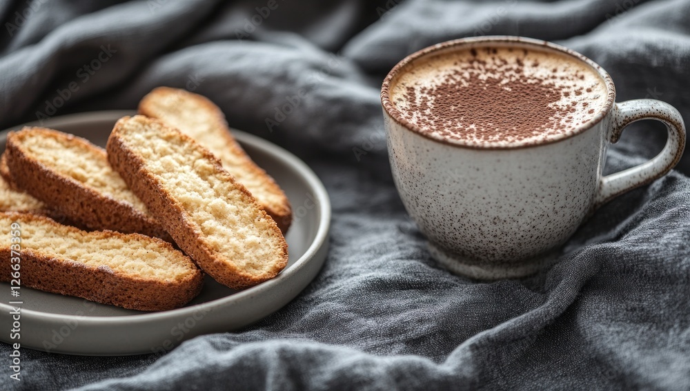 Delicious biscotti cookies served with a cup of cappuccino on a linen cloth. Delicious biscotti cookies served with a cup of cappuccino on a linen cloth.