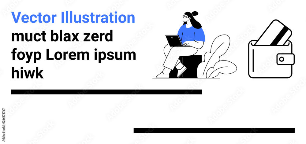 Woman sitting on a chair, typing on a laptop, accompanied by digital wallet. Ideal for tech, finance, remote work, online payments, e-commerce digital security creative design. Landing page Woman sitting on a chair, typing on a laptop, accompanied by digital wallet. Ideal for tech, finance, remote work, online payments, e-commerce digital security creative design. Landing page