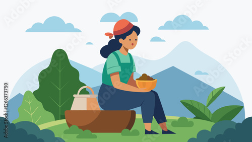 With a bandana wrapped around her head and a basket of tea leaves in hand the freelancer sits on a rock soaking in the stunning view of the plantation and typing out ideas for her. Vector illustration