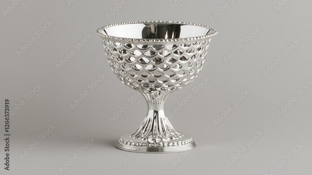 Ornate Silver Bowl on Pedestal Against Gray Background Ornate Silver Bowl on Pedestal Against Gray Background