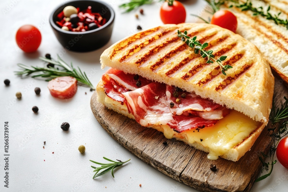 Grilled panini sandwich with melted cheese and cured meat, herbs, and cherry tomatoes on a rustic wooden board.
