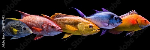 Vibrant colorful fish school swimming in dark water. photo