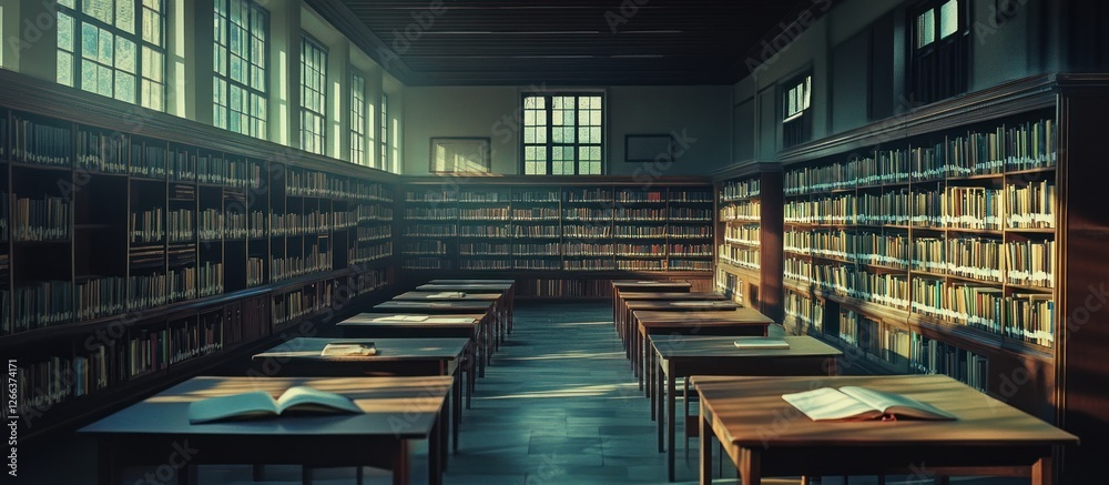 Fototapeta premium Sunlit library interior with wooden tables, bookshelves filled with books, and large windows.