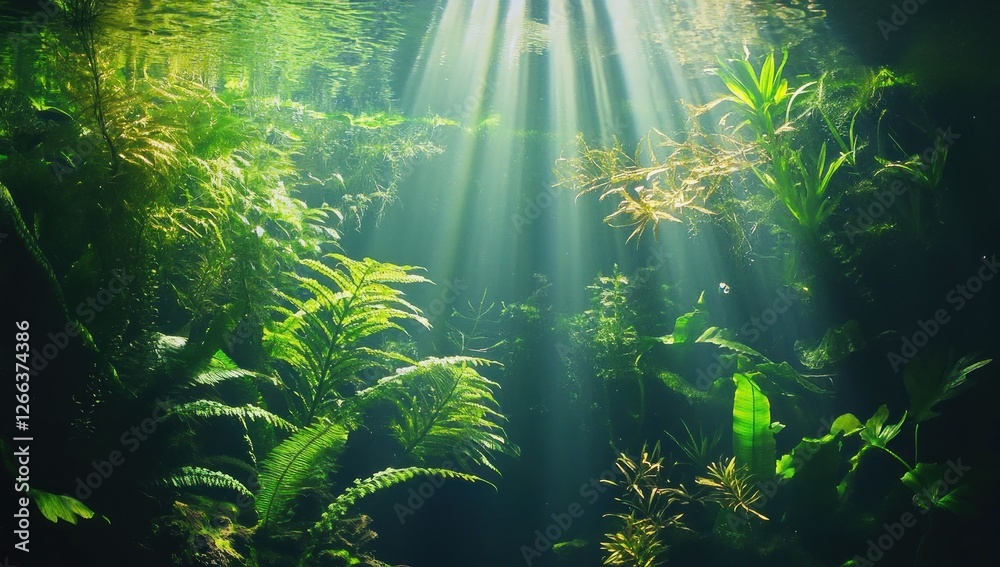 Obraz premium Sunbeams illuminate lush green underwater plants and ferns.