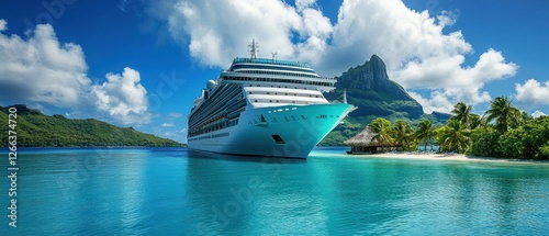 Cruise ship anchored near tropical island, turquoise water, blue sky.