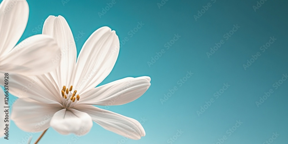 Fototapeta premium Two delicate white flowers against a teal background.