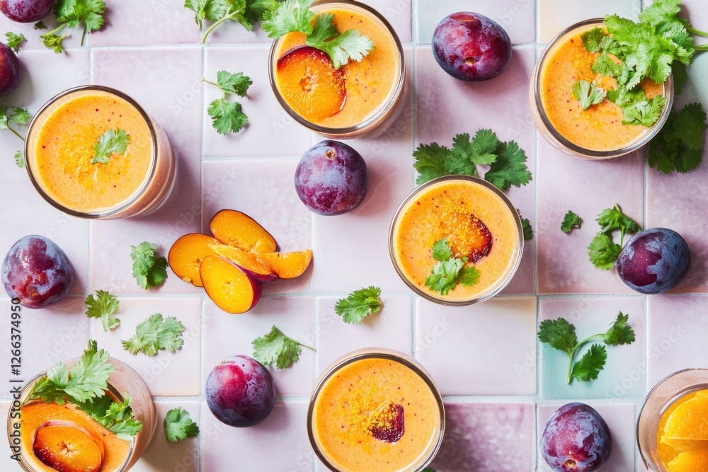 Overhead shot of multiple glasses of vibrant plum smoothie garnished with cilantro, alongside fresh plums and cilantro sprigs on a pink tile background. Overhead shot of multiple glasses of vibrant plum smoothie garnished with cilantro, alongside fresh plums and cilantro sprigs on a pink tile background.
