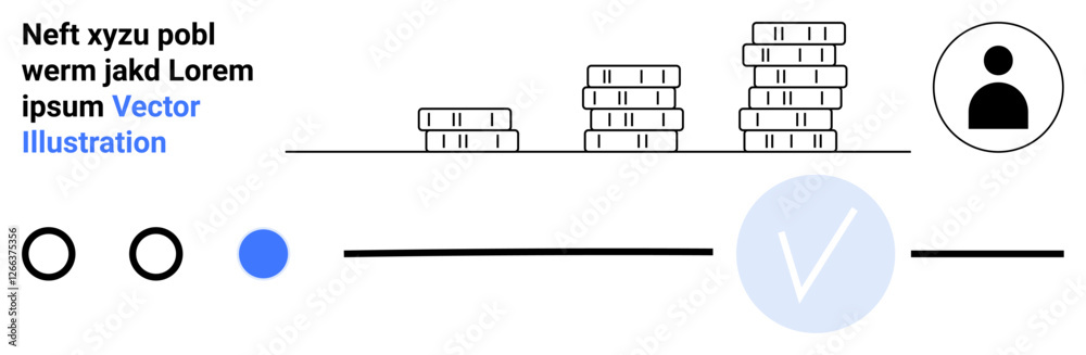 Stacked coins depicting financial growth, user profile icon, and checkmark with progress indicators. Ideal for financial success, saving money, investment strategies, user engagement, personal Stacked coins depicting financial growth, user profile icon, and checkmark with progress indicators. Ideal for financial success, saving money, investment strategies, user engagement, personal