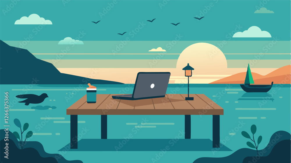 Fototapeta premium With only the gentle sound of lapping water and the occasional chirp of a bird a laptop rests comfortably on a rustic dock its owner peacefully engrossed in their work.. Vector illustration