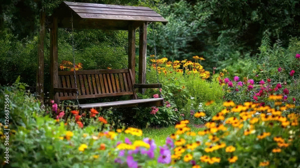 A serene garden scene featuring a wooden swing surrounded by vibrant flowers, creating a peaceful atmosphere in nature A serene garden scene featuring a wooden swing surrounded by vibrant flowers, creating a peaceful atmosphere in nature