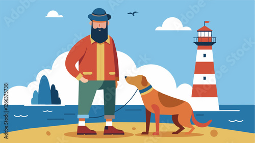 With little human interaction the lighthouse keeper finds solace in the company of their loyal dog who keeps them company during long stretches of work.. Vector illustration