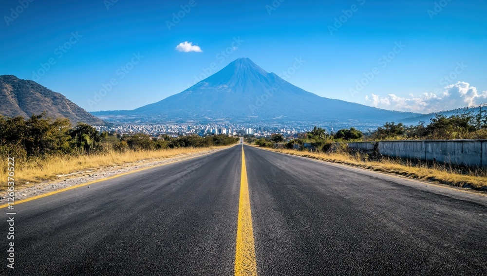 Fototapeta premium Scenic highway leading to a majestic volcano under a clear blue sky.