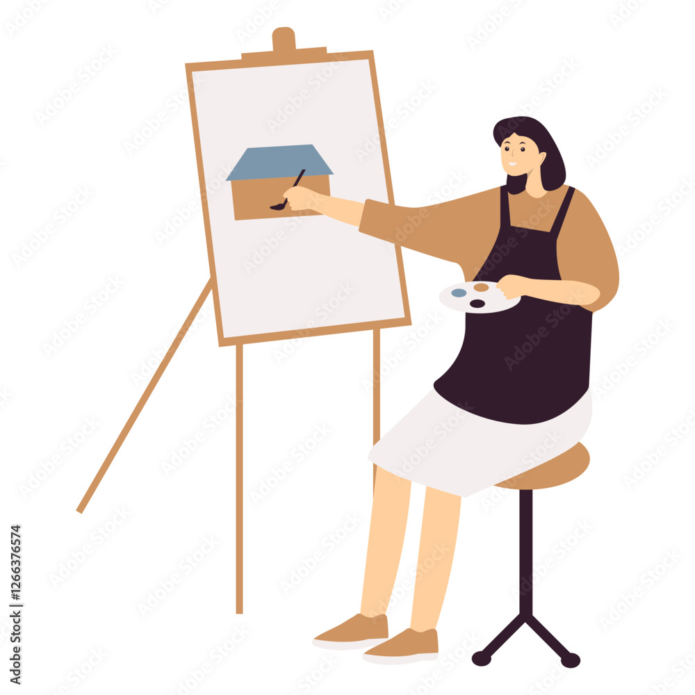 Fototapeta premium Illustration of Person Painting on Canvas. Vector Character in Flat Cartoon Style.