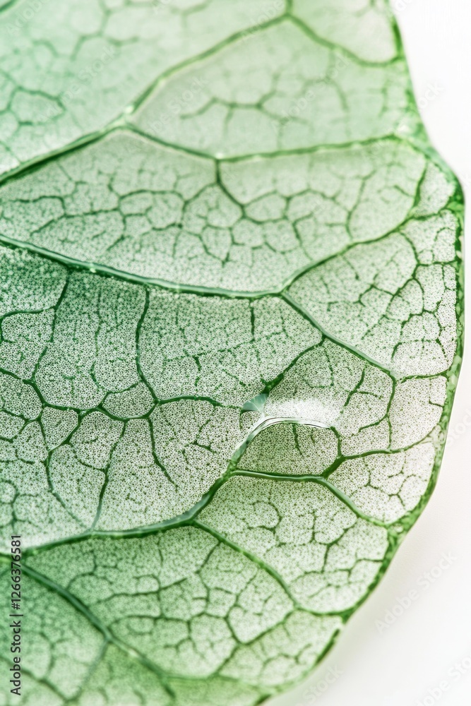 Fototapeta premium Close-up of a translucent green leaf with visible veins and a water droplet.