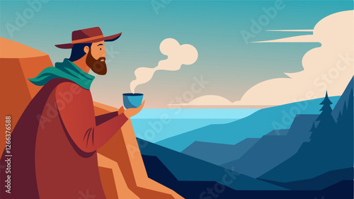 With a steaming cup of coffee in hand the nomad gazed out at the endless horizon from their perch on the cliffs edge.. Vector illustration
