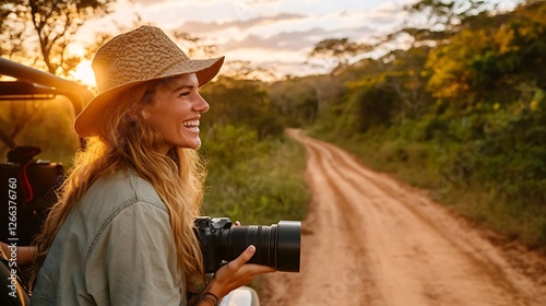 Woman Photographer on Safari Capturing Wildlife at Sunset in African Wilderness

