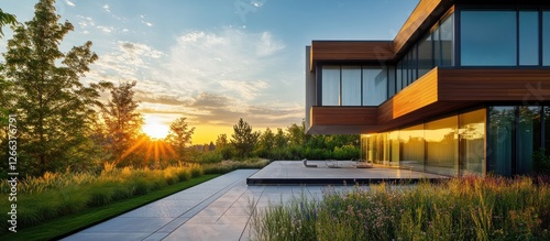 Modern wood house sunset view. Patio, lawn, trees.