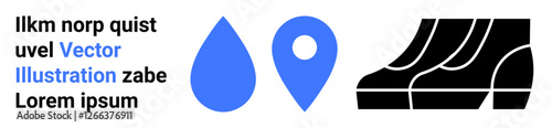 Bold text beside blue icons of water droplet and map pin, followed by black abstract stair-thumbs up shapes. Ideal for location services, maps, navigation, water resources, urban design, branding
