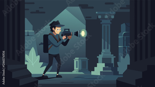 Wearing a headlamp a freelance videographer explored the dark passages of the temple capturing footage of the eerie atmosphere and ancient relics.. Vector illustration