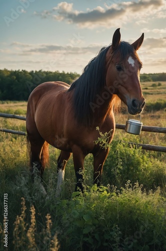 A brown horse stands in a lush green field during sunset, surrounded by nature.