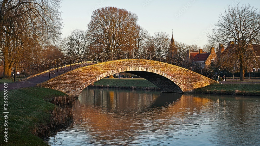 Fototapeta premium Autumnal park bridge over canal at dawn