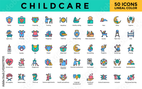 Childcare icons set with safety, first aid, diapering, feeding, mealtime, healthy eating, naptime, rest, sleep, hygiene icon. Simple lineal color vector 
