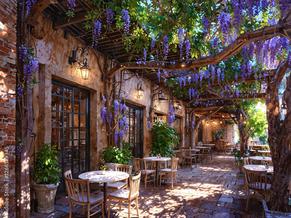 Fototapeta premium outdoor restaurant with wisteria overhanging tables