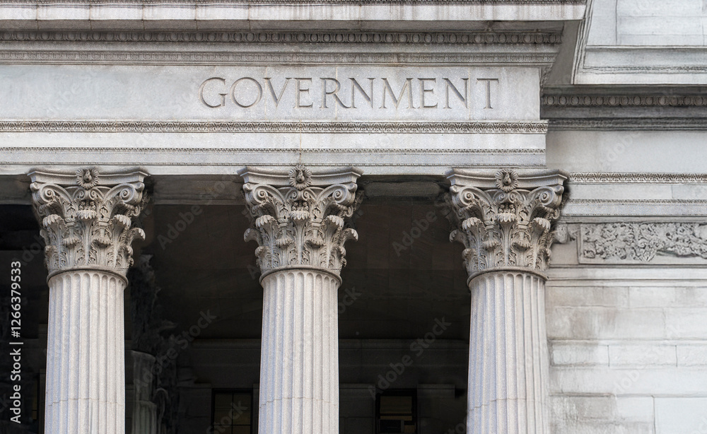Government carved in stone on facade of downtown building. AI generative fill used. Government carved in stone on facade of downtown building. AI generative fill used.