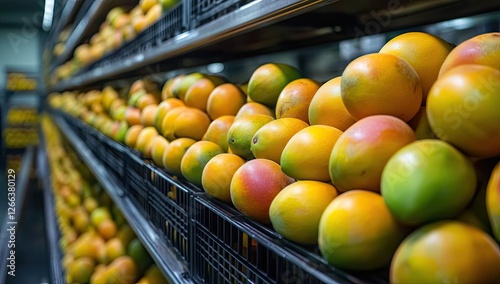 Mangoes stacked high on shelves in a produce section photo