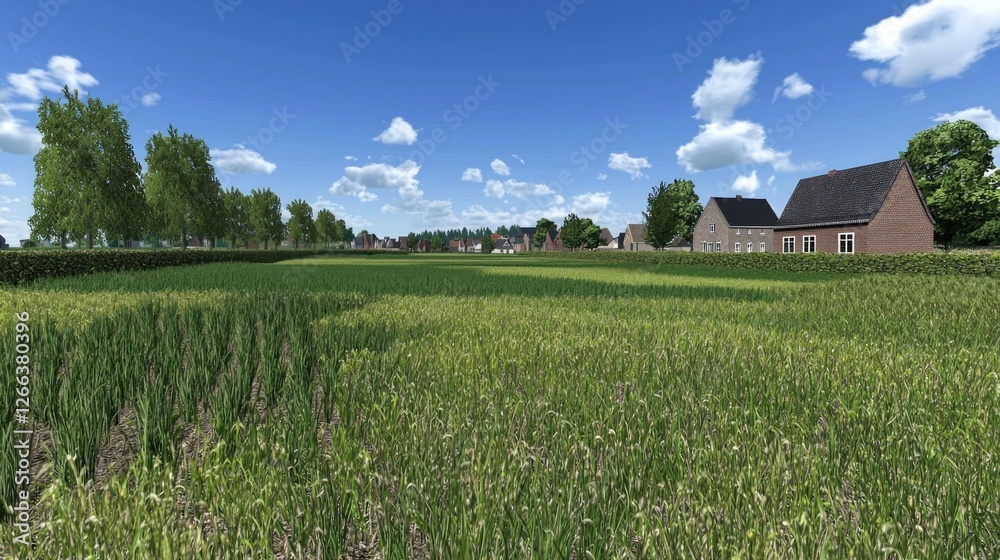 Rural Dutch village field scene, sunny day