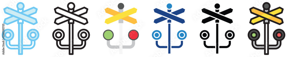 Level Crossing multi style, mini illustration icon. outline, flat, glyph, line color, UI, UX kit, app, web development, digital or print. For construction, transportation, traffic management. Level Crossing multi style, mini illustration icon. outline, flat, glyph, line color, UI, UX kit, app, web development, digital or print. For construction, transportation, traffic management.