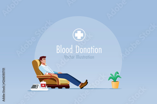 Blood donation. Volunteer man lay down on armchair to donate blood to save people life. Vector.