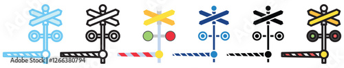 Level Crossing multi style, mini illustration icon. outline, flat, glyph, line color, UI, UX kit, app, web development, digital or print. For construction, transportation, traffic management.
