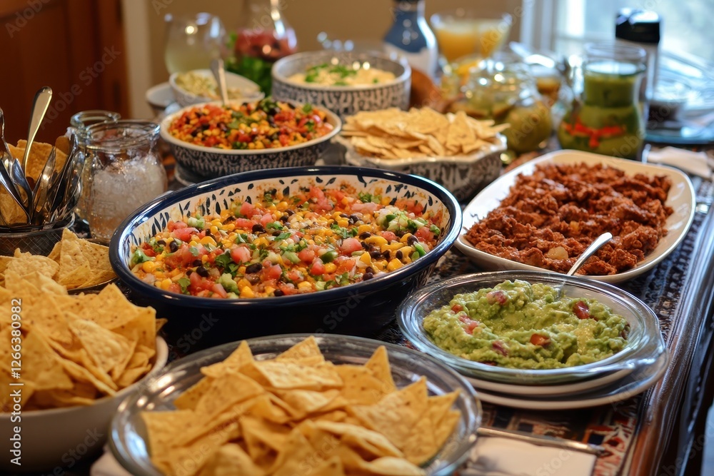 Various Mexican dips and snacks at a party. Perfect for showcasing festive food, party spreads, or Mexican cuisine. Various Mexican dips and snacks at a party. Perfect for showcasing festive food, party spreads, or Mexican cuisine.