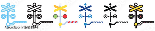 Level Crossing multi style, mini illustration icon. outline, flat, glyph, line color, UI, UX kit, app, web development, digital or print. For construction, transportation, traffic management.