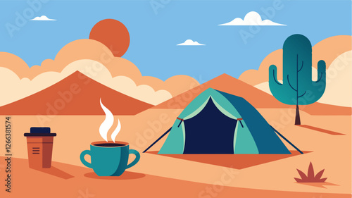 Waking up to the sound of gentle wind rustling through the tent flaps and a warm cup of coffee a refreshing start to a productive workday in the desert.. Vector illustration