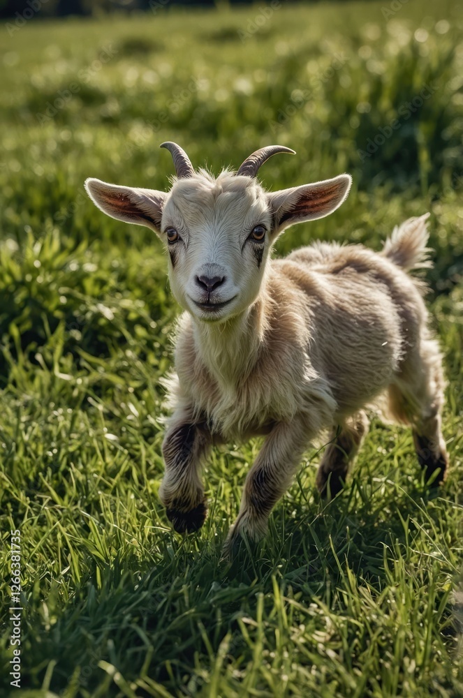 A playful young goat frolicking in a green grassy field under natural sunlight. A playful young goat frolicking in a green grassy field under natural sunlight.