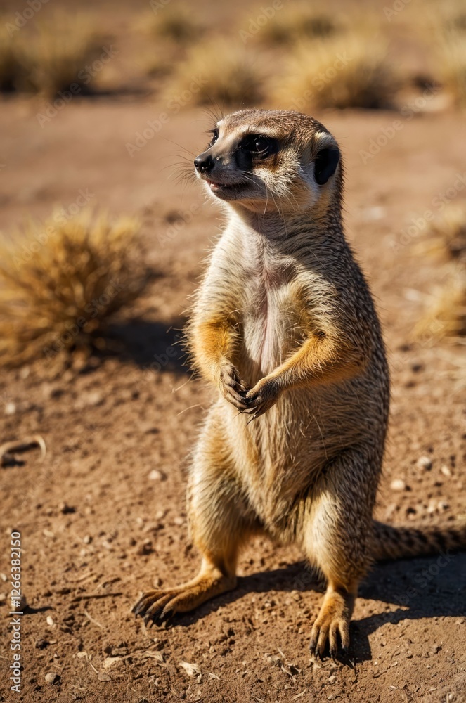 A meerkat standing upright in a desert landscape, showcasing its alert posture. A meerkat standing upright in a desert landscape, showcasing its alert posture.