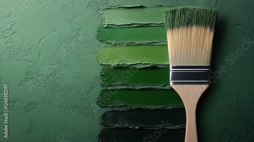 Green paint swatches and brush on textured surface